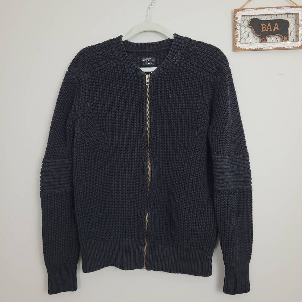 All Saints Moat Bomber Chunky Knit Cardigan Sz M Black Full Zip Ribbed